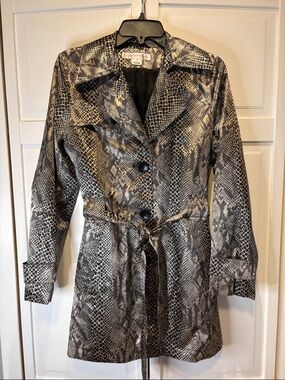 Via Spiga Metallic Snake-Print Trench Coat in Black & Silver